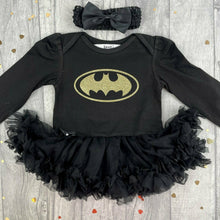 Load image into Gallery viewer, Baby Girl Batman, Black Tutu Romper with Bow Headband
