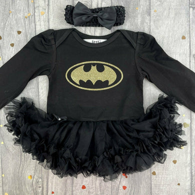 Baby Girl Batman, Black Tutu Romper with Bow Headband