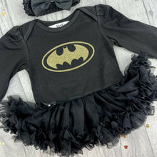 Load image into Gallery viewer, Baby Girl Batman, Black Tutu Romper with Bow Headband
