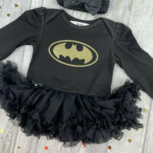 Load image into Gallery viewer, Baby Girl Batman, Black Tutu Romper with Bow Headband
