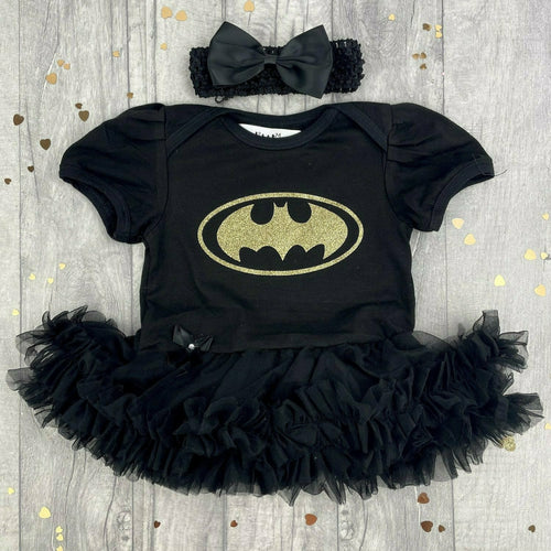 Batman Baby Girl Tutu Romper With Matching Bow Headband, Superhero, Baby Halloween