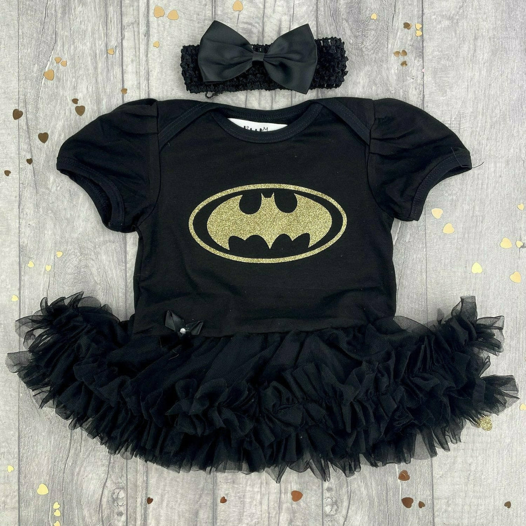 Baby Girl Batman, Black Tutu Romper with Bow Headband