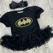 Load image into Gallery viewer, Baby Girl Batman, Black Tutu Romper with Bow Headband
