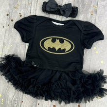 Load image into Gallery viewer, Baby Girl Batman, Black Tutu Romper with Bow Headband
