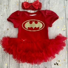 Load image into Gallery viewer, Batman Baby Girl Tutu Romper With Matching Bow Headband, Superhero, Baby Halloween
