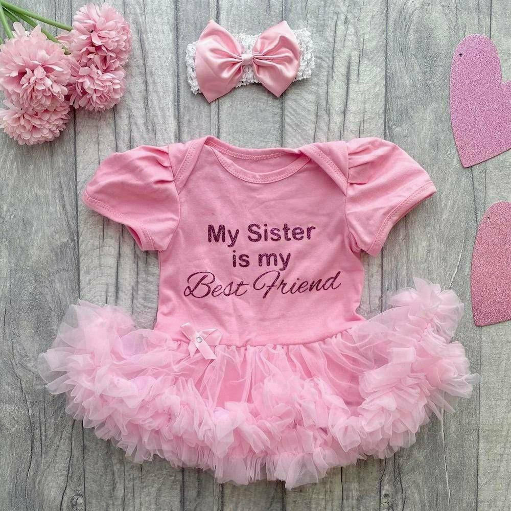 'My Sister Is My Best Friend' Baby Girl Tutu Romper With Matching Bow Headband