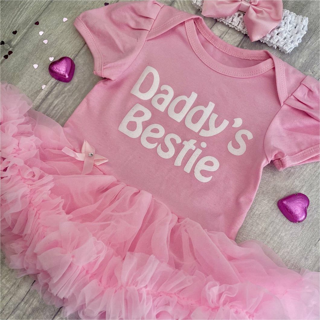 'Daddy's Bestie' Baby Girl Tutu Romper With Matching Bow Headband
