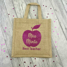 Load image into Gallery viewer, Personalised &#39;Best Teacher&#39; Lunch Bag, Apple Design, Hessian/ Burlap Bag
