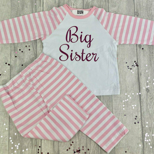 'Big Sister' Pink And White Stripe Girls Pyjamas