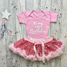Load image into Gallery viewer, &#39;It&#39;s My 1st Birthday&#39; Baby Girl Short Sleeve Romper And Pink Sequin Tutu Skirt, First Birthday
