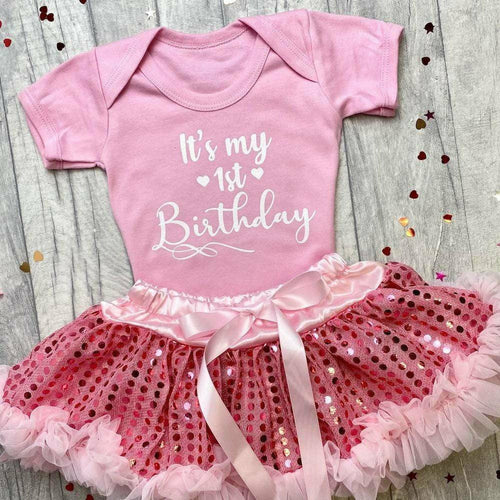 'It's My 1st Birthday' Baby Girl Short Sleeve Romper And Pink Sequin Tutu Skirt, First Birthday