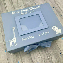 Load image into Gallery viewer, Personalised Newborn Blue A4 Photo Ribbon Box, Keepsake Baby Details Gift Box, Giraffe &amp; Lion
