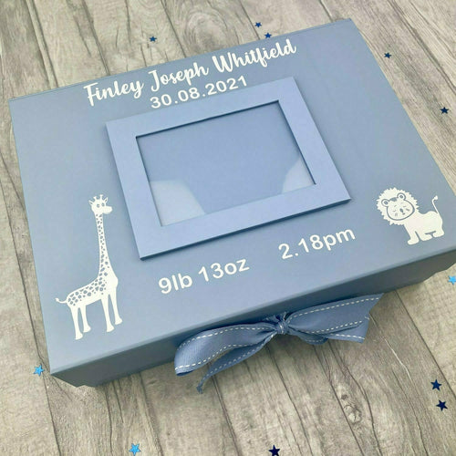 Personalised Newborn Blue A4 Photo Ribbon Box, Keepsake Baby Details Gift Box, Giraffe & Lion