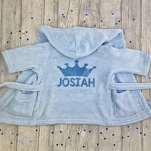 Load image into Gallery viewer, Personalised Crown Hooded Baby Dressing Gown/Robe in Blue
