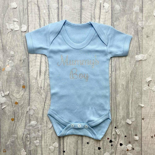 Mummy's Boy Baby Boy Short Sleeved Romper, Silver Glitter Design - Little Secrets Clothing
