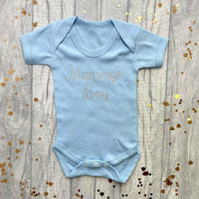 Load image into Gallery viewer, Mummy&#39;s Boy Baby Boy Short Sleeved Romper, Silver Glitter Design - Little Secrets Clothing
