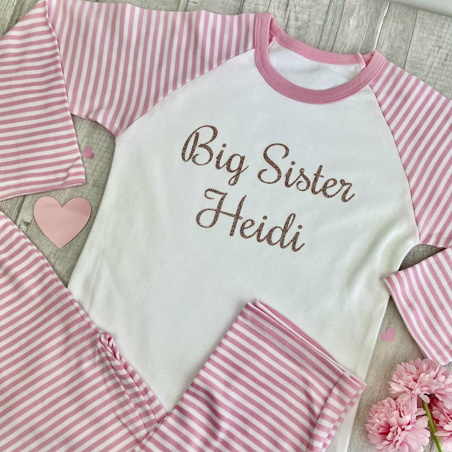 Big Sister Personalised Name Pink and White Stripe Girls Pyjamas