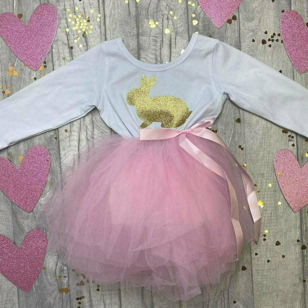 Easter Bunny Girl's White and Pink Long Sleeved Tutu Dress, Gift