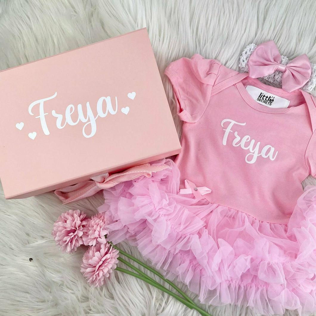 Newborn Baby Girl Gift Set, Personalised Pink Tutu Romper & Gift Box - Little Secrets Clothing
