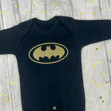 Load image into Gallery viewer, Baby Boy Batman Superhero Outfit, Marvel Inspired Black Sleepsuit
