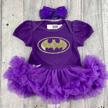 Load image into Gallery viewer, World Book Day Batman Baby Girl Tutu Romper With Matching Bow Headband, Superhero, Baby Halloween
