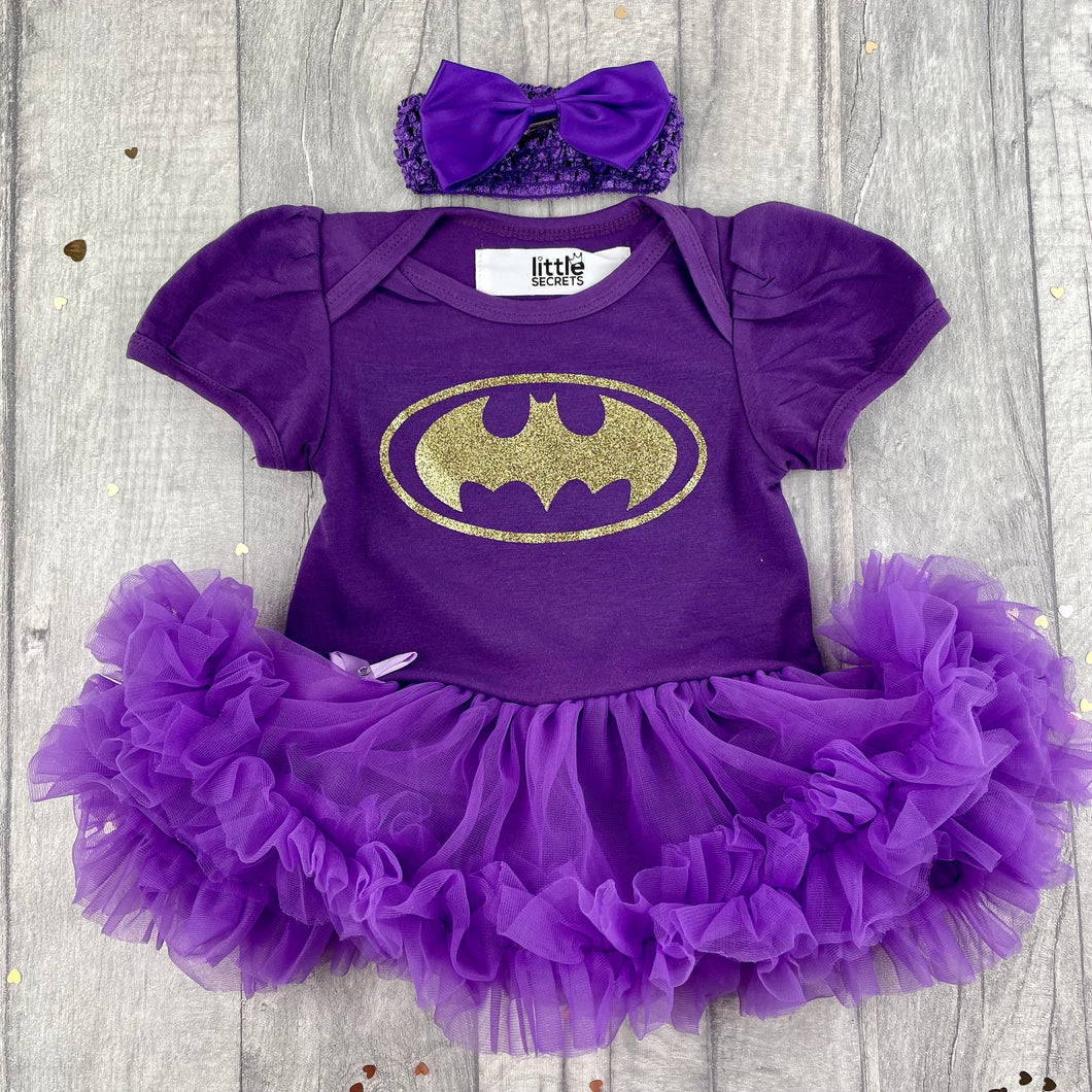 World Book Day Batman Baby Girl Tutu Romper With Matching Bow Headband, Superhero, Baby Halloween