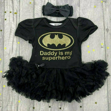 Load image into Gallery viewer, Baby Girl Batman Tutu Romper, Daddy is my Superhero, gold design 
