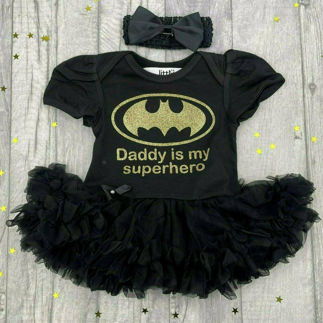 Baby Girl Batman Tutu Romper, Daddy is my Superhero, gold design 
