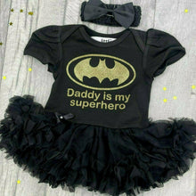 Load image into Gallery viewer, Baby Girl Batman Tutu Romper, Daddy is my Superhero, gold design 
