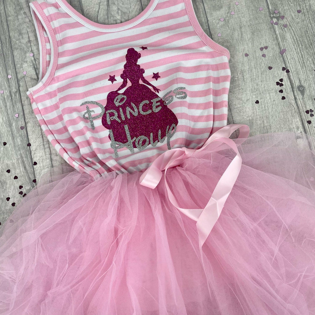 Personalised Princess Belle Outline Sleeveless Stripe Summer Girls Tutu Dress with Bow