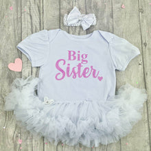 Load image into Gallery viewer, Big Sister / Little Sister Baby Girls White Tutu Romper with Matching Bow Headband
