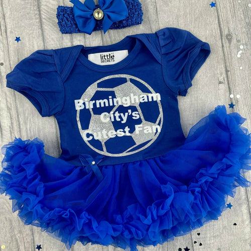 Birmingham City's Cutest Fan Baby girl Tutu Romper, featuring silver football and white text, Including matching blue headband with bow clip.