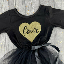 Load image into Gallery viewer, Girls Birthday Dress with Gold Glitter Heart, Black Long Sleeve Party Tutu Dress
