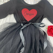 Load image into Gallery viewer, Girls Personalised Valentines Day Black Long Sleeve Tutu Dress With Red Glitter Heart
