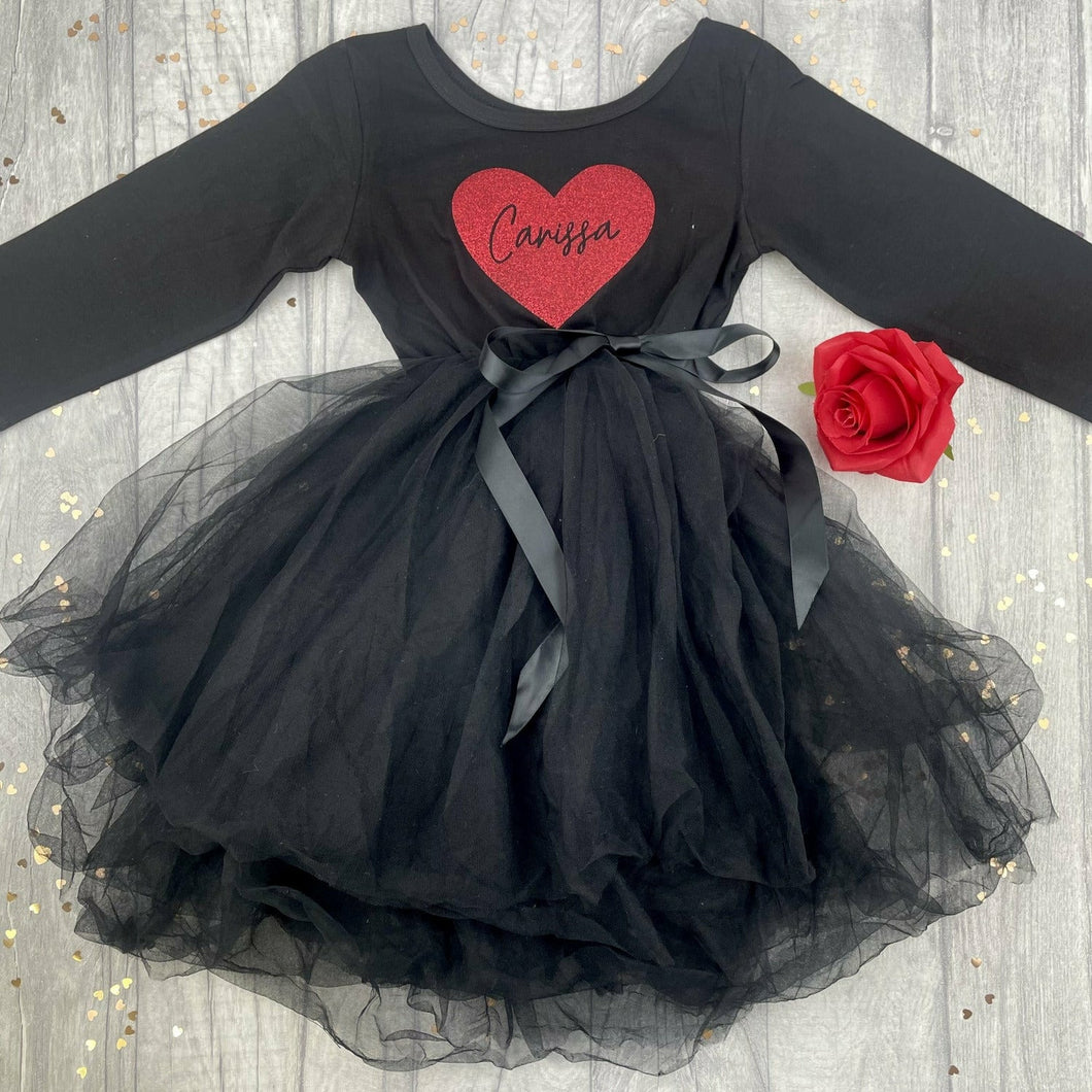 Girls Personalised Valentines Day Black Long Sleeve Tutu Dress With Red Glitter Heart