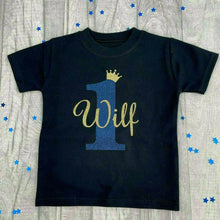 Load image into Gallery viewer, Number and Crown Personalised Birthday Black T-shirt Girls &amp; Boys 1-5 years
