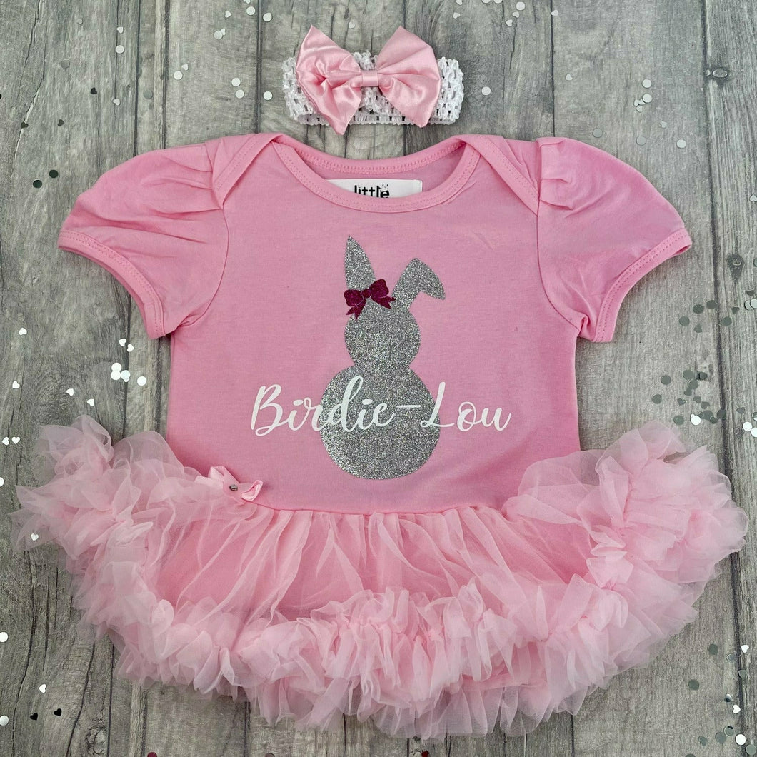 Personalised Silver Easter Bunny Baby Girl Tutu Romper With Matching Bow Headband