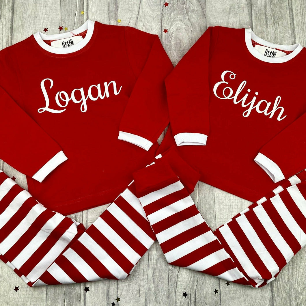 Personalised Red and White Wide Stripe Festive Pyjamas, White Glitter Script Style Name, Boys & Girls Christmas PJ's