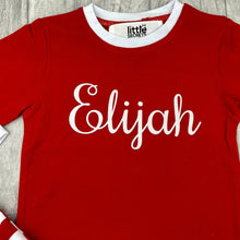 Load image into Gallery viewer, Personalised Red and White Wide Stripe Festive Pyjamas, White Glitter Script Style Name, Boys &amp; Girls Christmas PJ&#39;s
