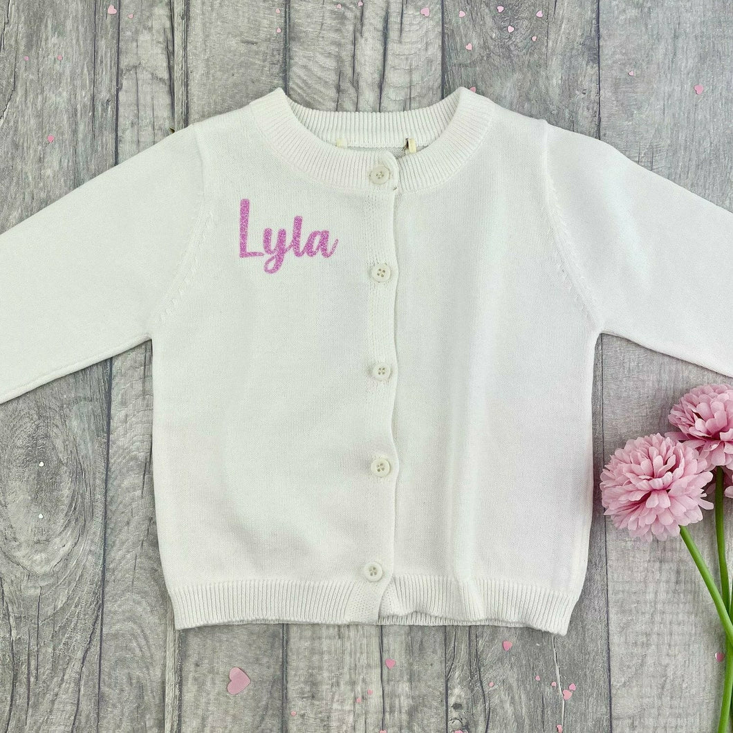 Personalised Baby Girl White Cotton Cardigan, Light Pink Glitter Text