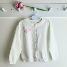 Load image into Gallery viewer, Personalised Baby Girl White Cotton Cardigan, Light Pink Glitter Text
