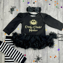 Load image into Gallery viewer, Personalised Baby Girl Spider Halloween Outfit, &#39;Creepy Crawler&#39; Black Long Sleeve Tutu Romper Set
