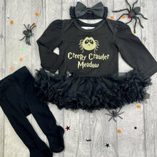 Load image into Gallery viewer, Personalised Baby Girl Spider Halloween Outfit, &#39;Creepy Crawler&#39; Black Long Sleeve Tutu Romper Set
