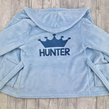 Load image into Gallery viewer, Personalised Crown Hooded Baby Dressing Gown/Robe in Blue
