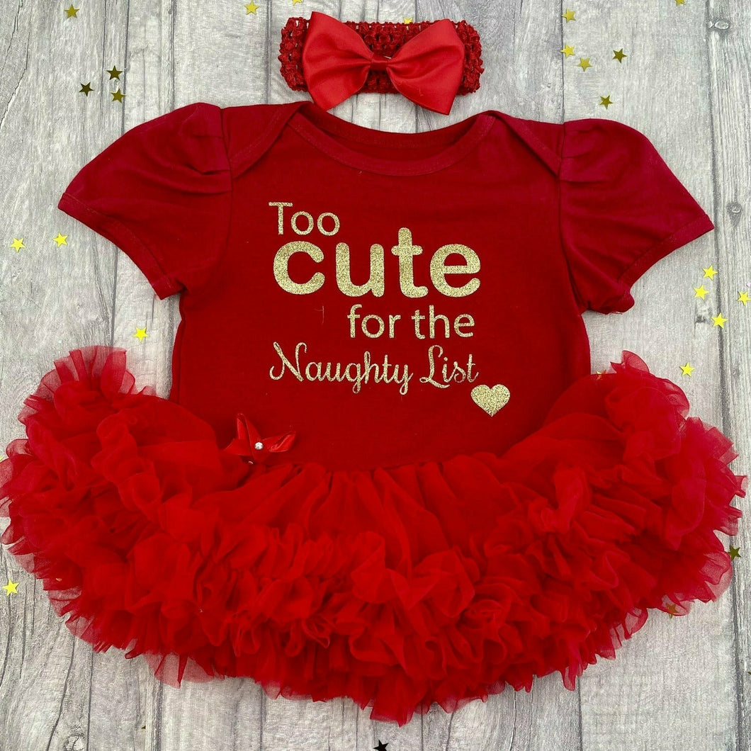 Baby Girls Christmas Outfit, Too Cute For The Naughty List Tutu Romper With Headband