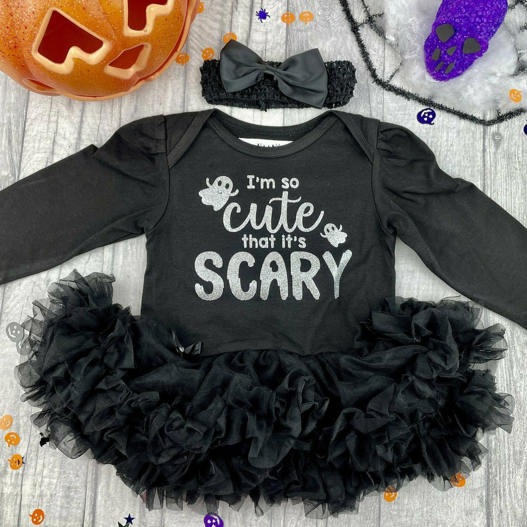 Baby Girl Halloween Outfit, I'm So Cute That It's Scary Long Sleeve Black Tutu Romper
