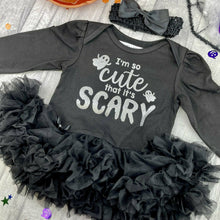 Load image into Gallery viewer, Baby Girl Halloween Outfit, I&#39;m So Cute That It&#39;s Scary Long Sleeve Black Tutu Romper
