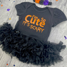 Load image into Gallery viewer, Baby Girl Halloween Costume, I&#39;m so Cute its Scary Black Tutu Romper with Limited Headband
