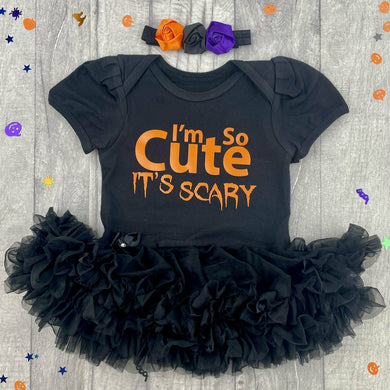 Baby Girl Halloween Costume, I'm so Cute its Scary Black Tutu Romper with Limited Headband