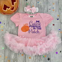 Load image into Gallery viewer, &#39;Cutest Pumpkin In The Patch&#39; Baby Girl Tutu Romper With Matching Bow Headband, Halloween Thanksgiving
